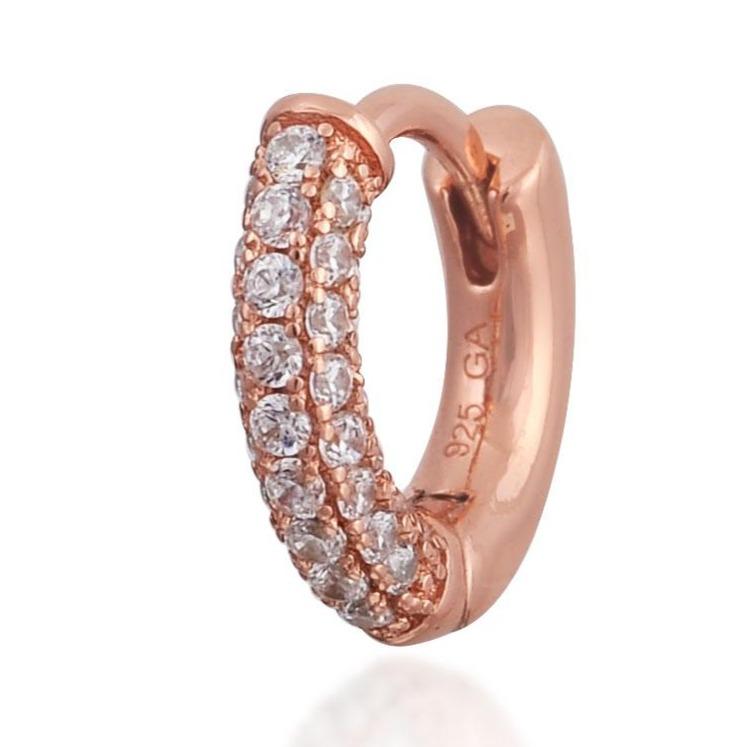 Single earring Three Rows Pave Pink Gold Vermeil Huggie