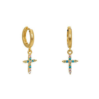 MINI CROSS HOOP EARRINGS BLUE